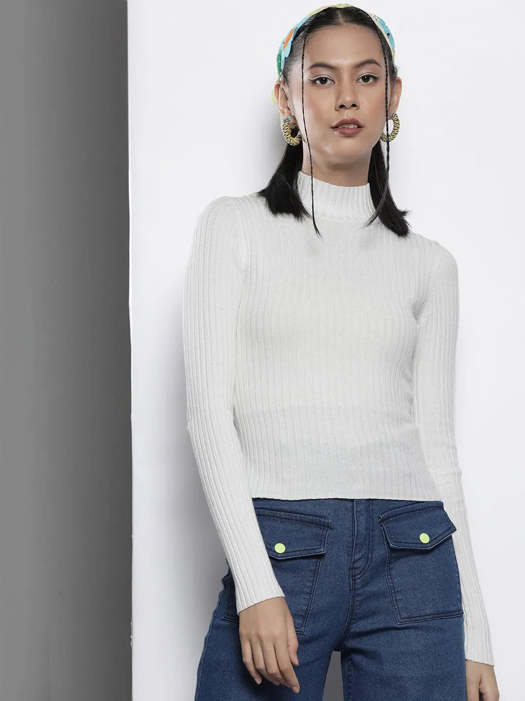 White Ribbed High Neck Sweater | Women's Western Wear