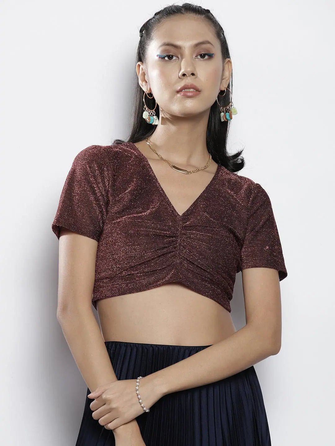 Pink Lurex Ruched Crop Top | Women's Western Clothing