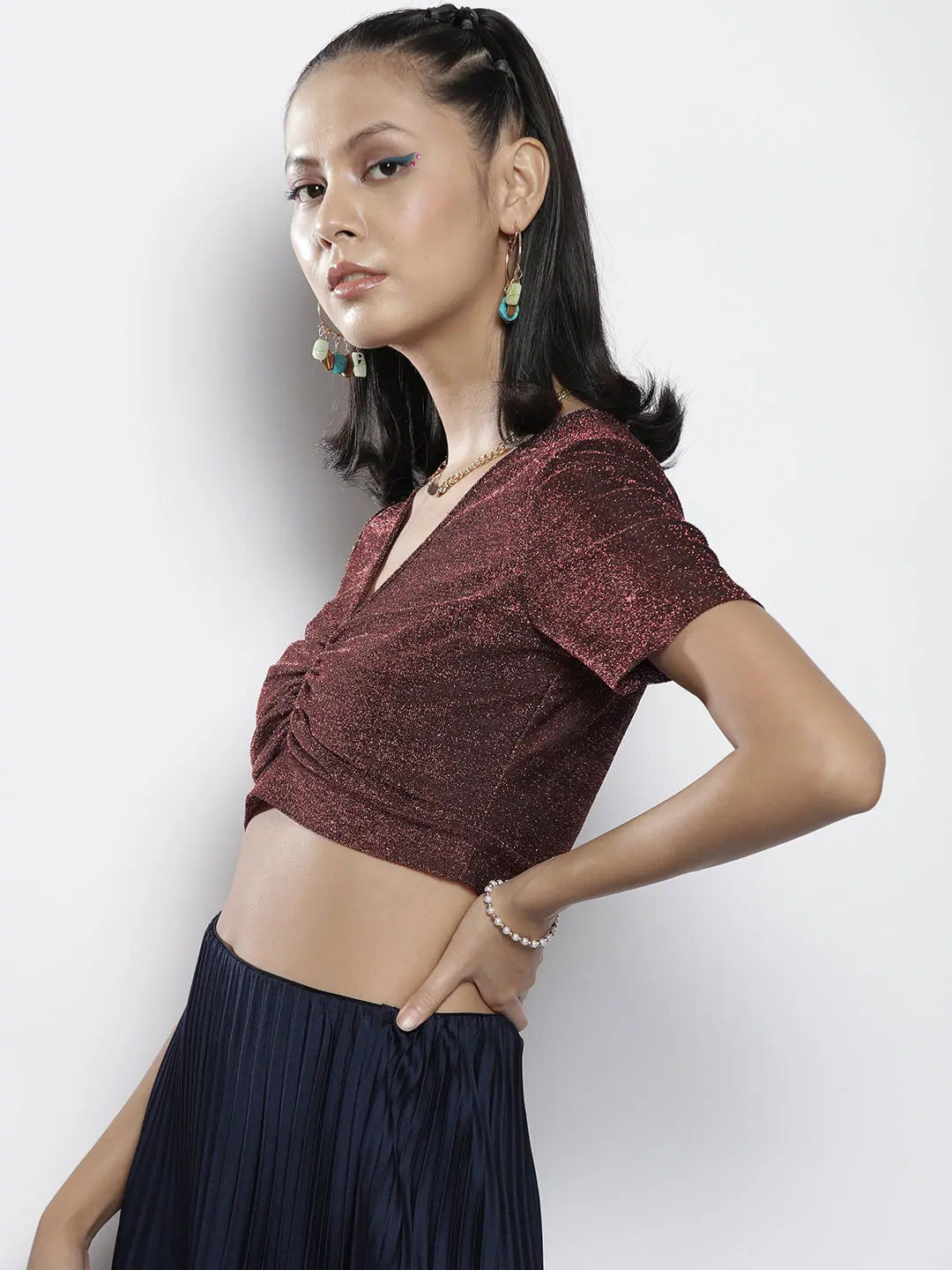 Pink Lurex Ruched Crop Top | Women's Western Clothing
