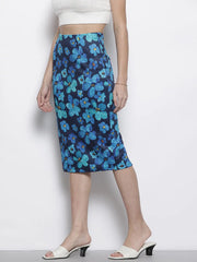 Women Navy Floral Scuba Pencil Skirt
