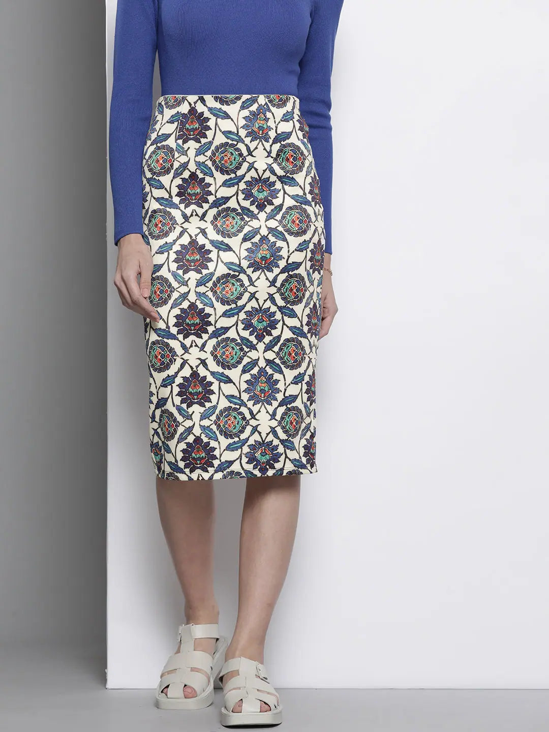 Navy Ethnic Print Pencil Skirt | Women's Western Wear