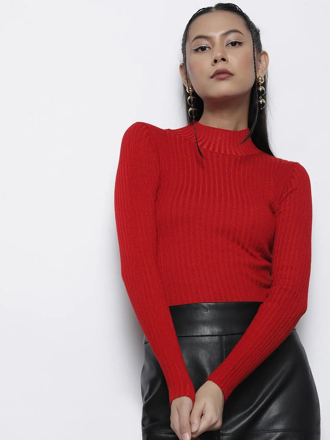 Red Ribbed High Neck Sweater | Women's Western Clot | Best Seller