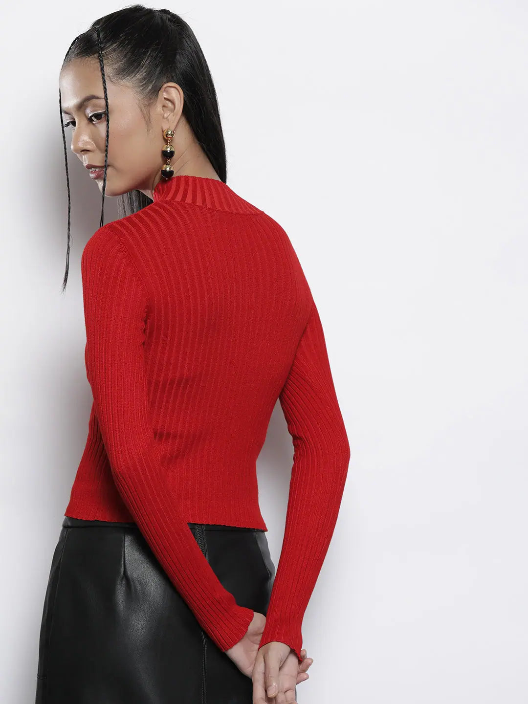 Red Ribbed High Neck Sweater | Women's Western Clot | Best Seller