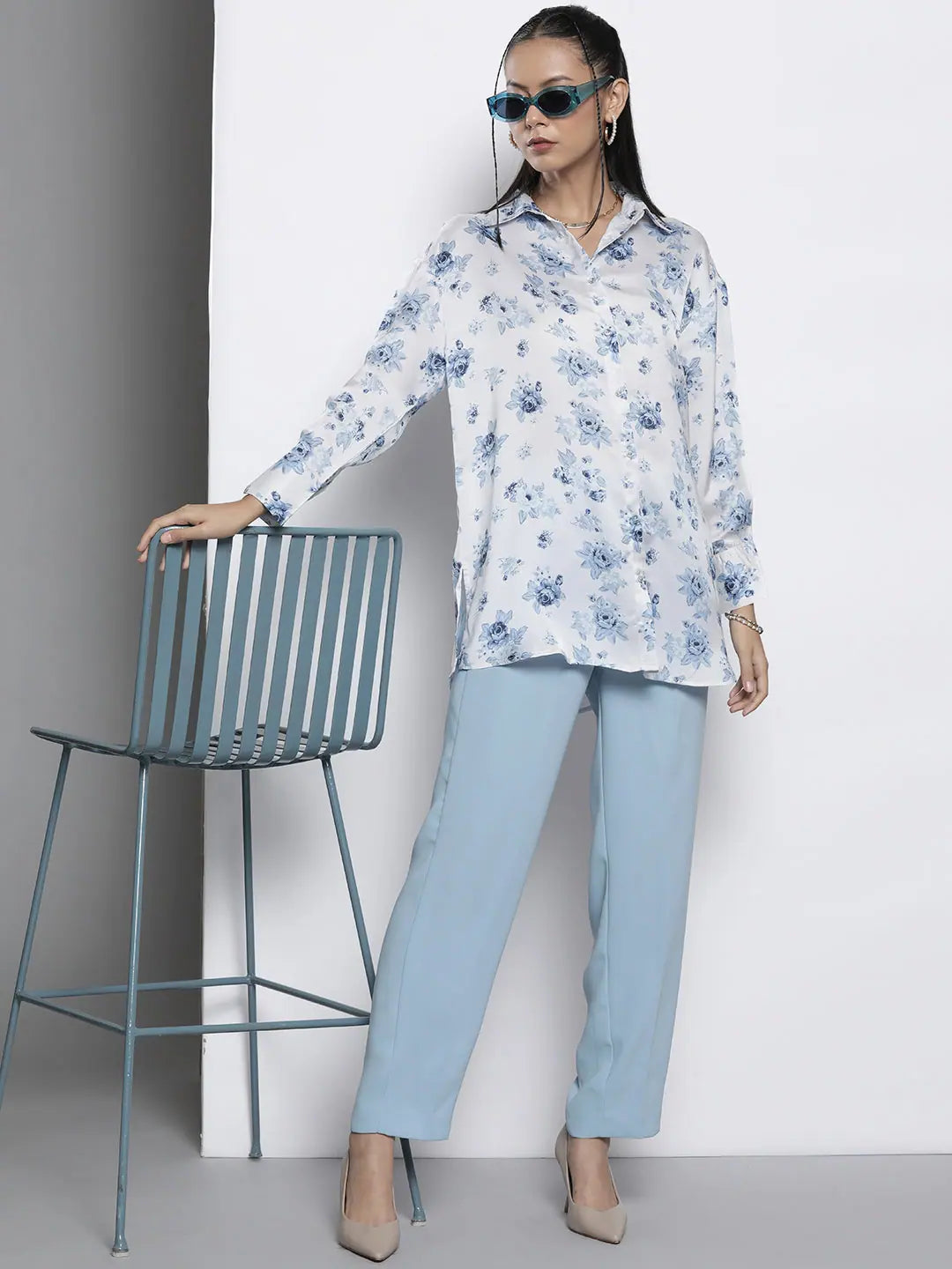 Women's Blue Floral Satin Shirt | Printed Polyester Top