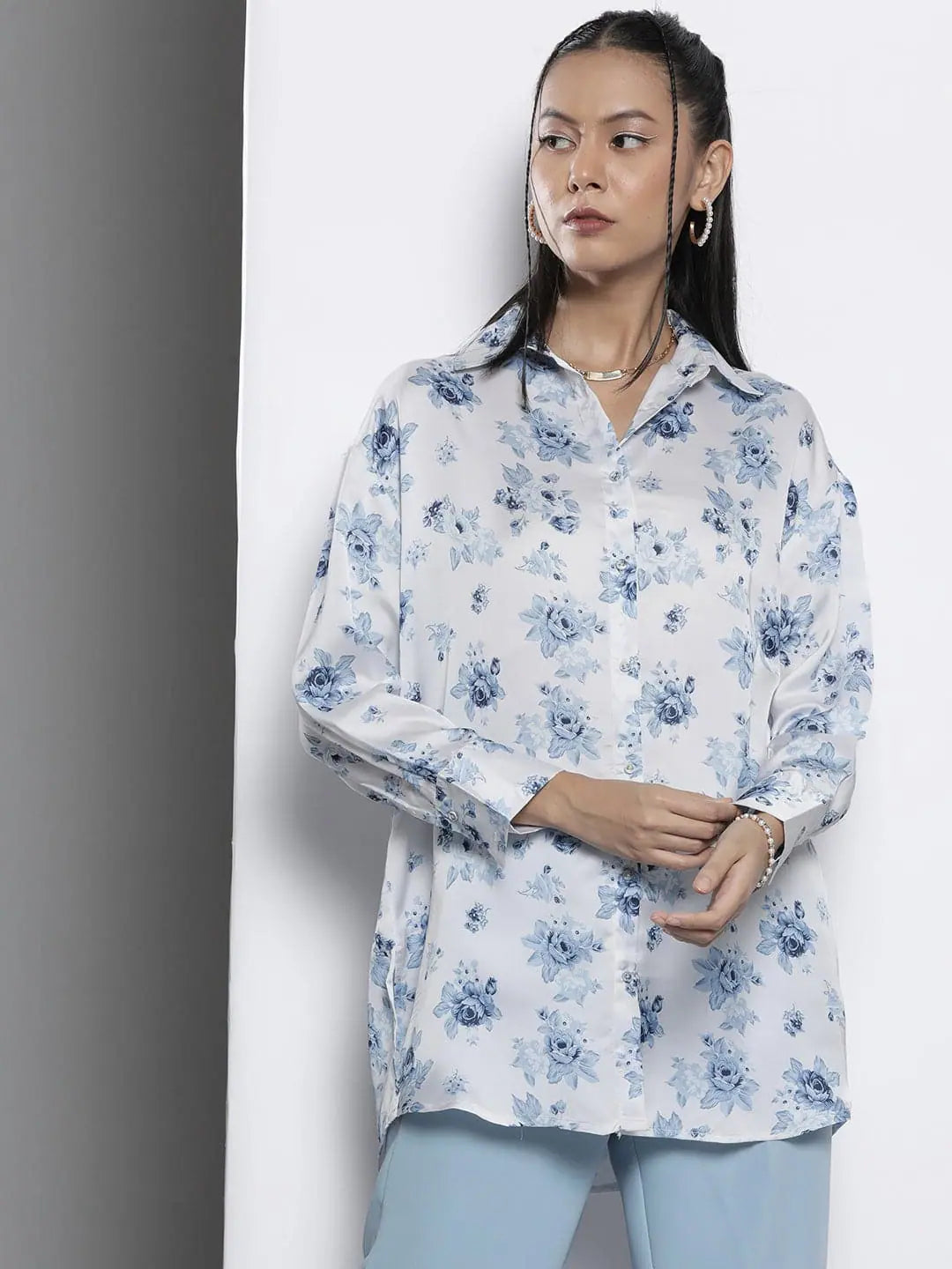 Women's Blue Floral Satin Shirt | Printed Polyester Top