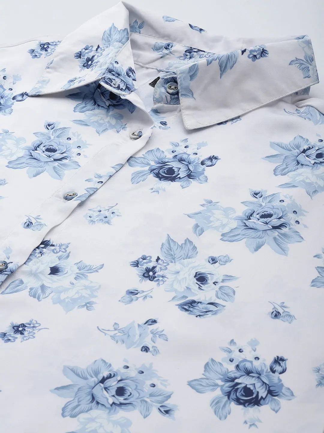 Women's Blue Floral Satin Shirt | Printed Polyester Top
