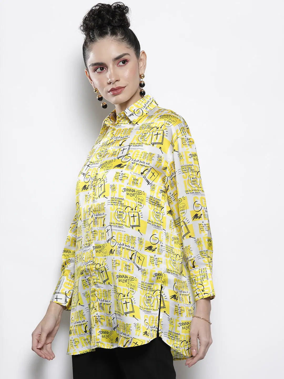 Women Yellow Newspaper Print Satin Shirt | Party Wear Lehenga