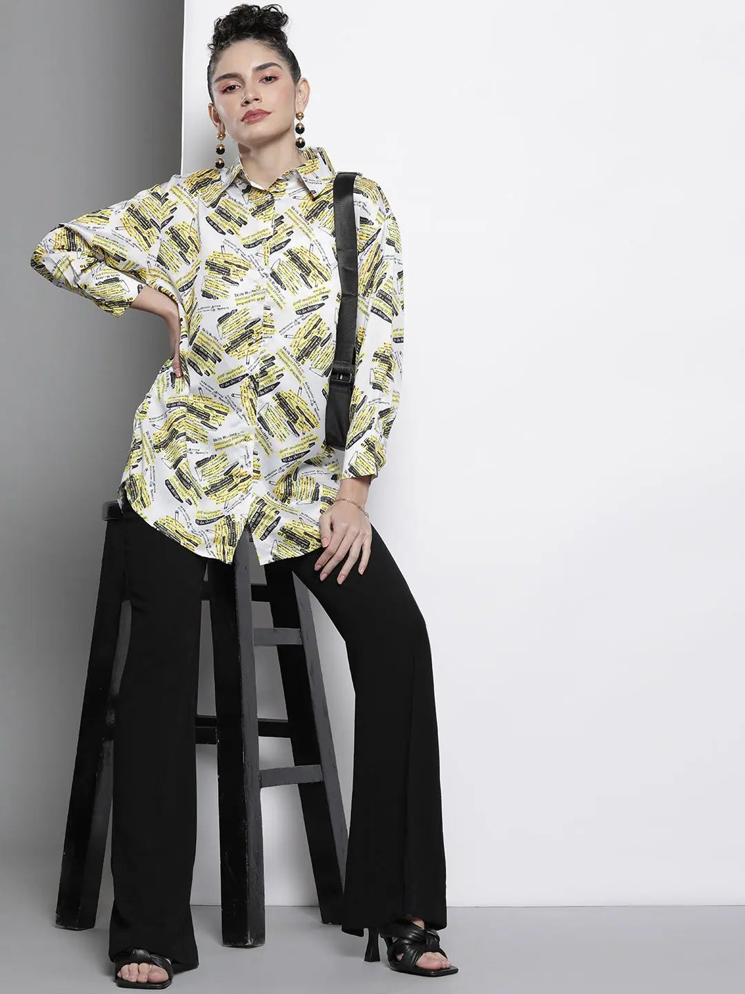 White Newspaper Print Satin Shirt - Women's Festive Lehenga Look