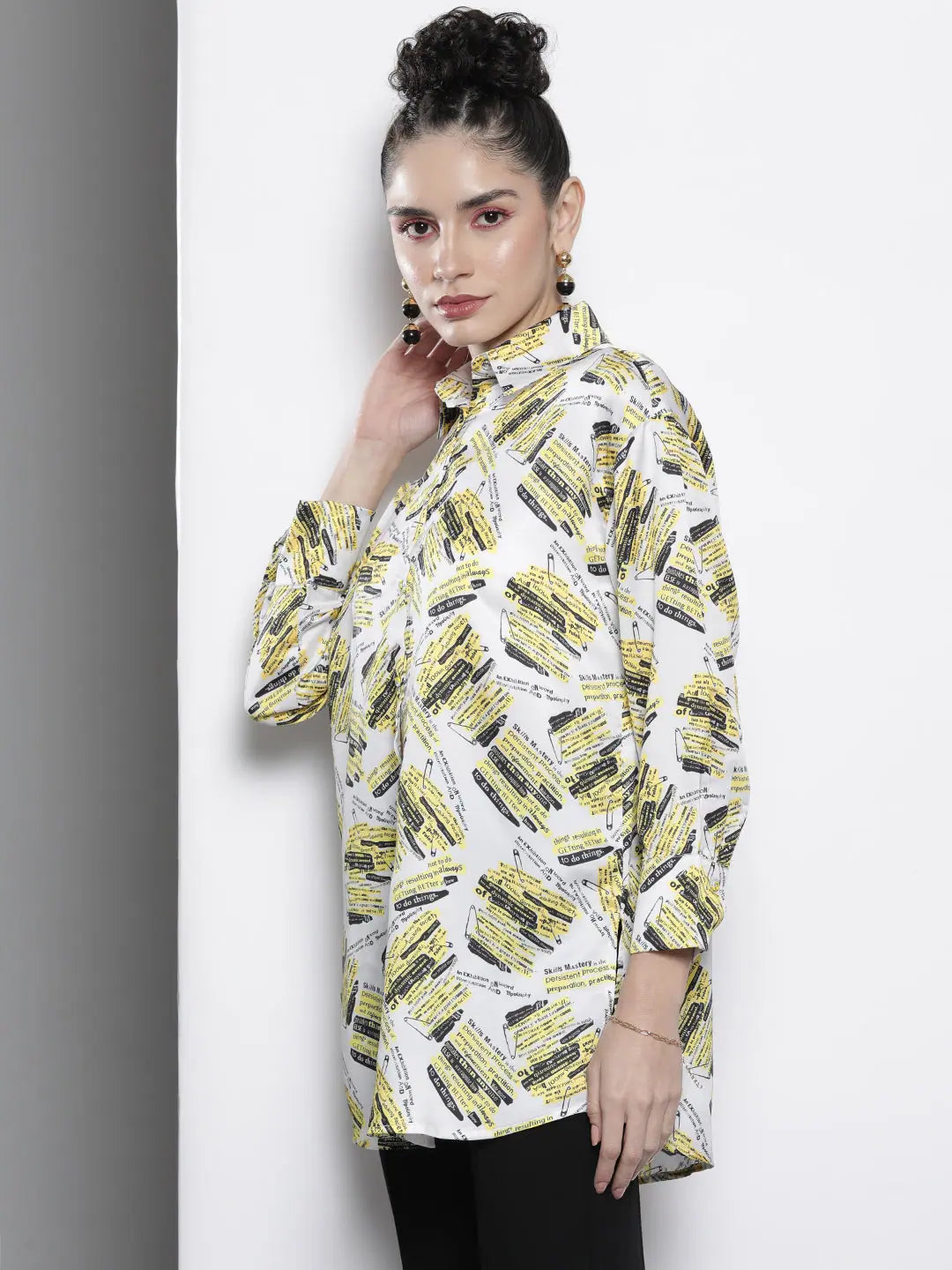 White Newspaper Print Satin Shirt - Women's Festive Lehenga Look