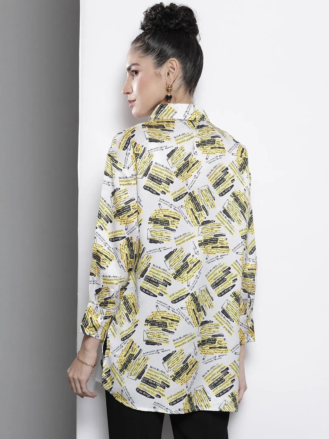 White Newspaper Print Satin Shirt - Women's Festive Lehenga Look