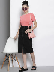Women Black Contrast Stitch Twill Pencil Skirt