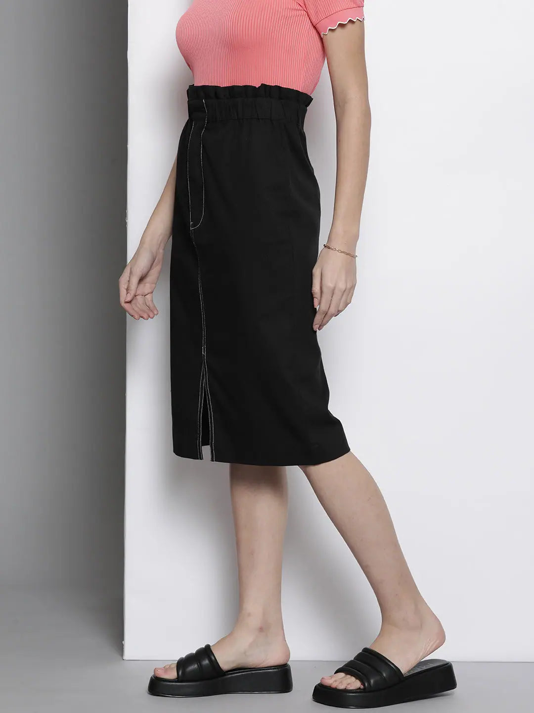 Black Contrast Stitch Twill Pencil Skirt - Women's Western Wear