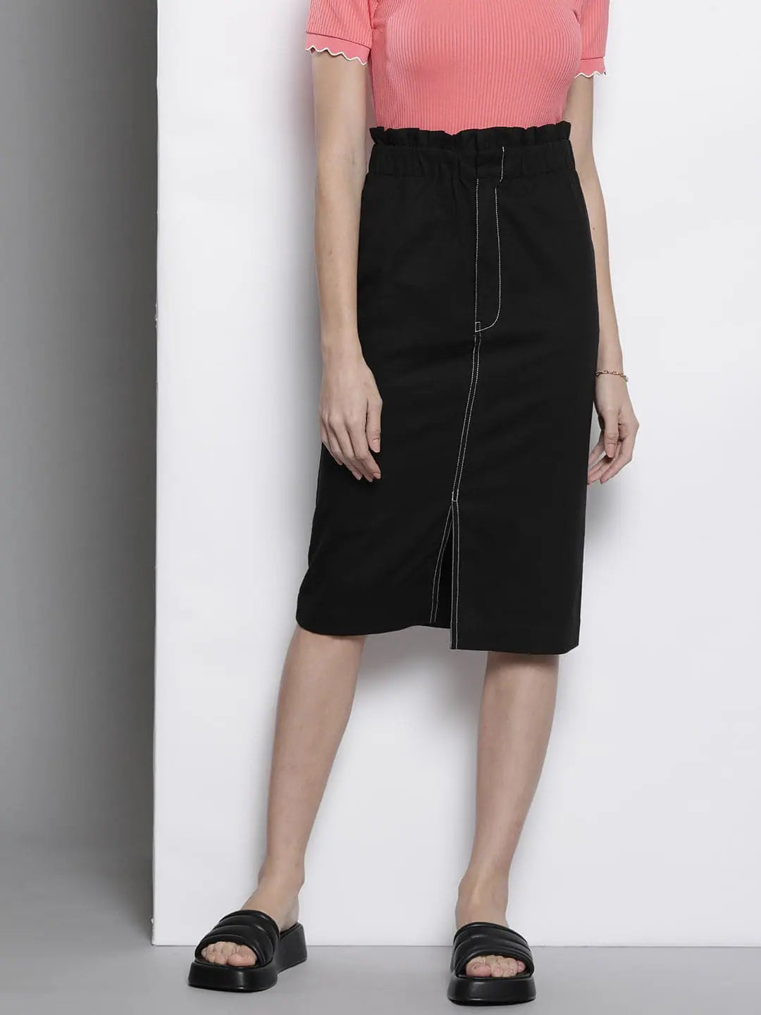 Black Contrast Stitch Twill Pencil Skirt - Women's Western Wear