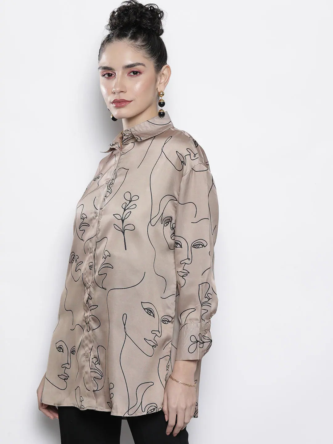 Champagne Line Art Print Satin Shirt - Designer Lehenga Option