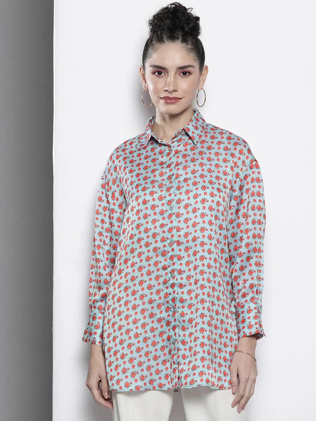 Blue Ditsy Floral Satin Shirt - Women's Lehenga Collection