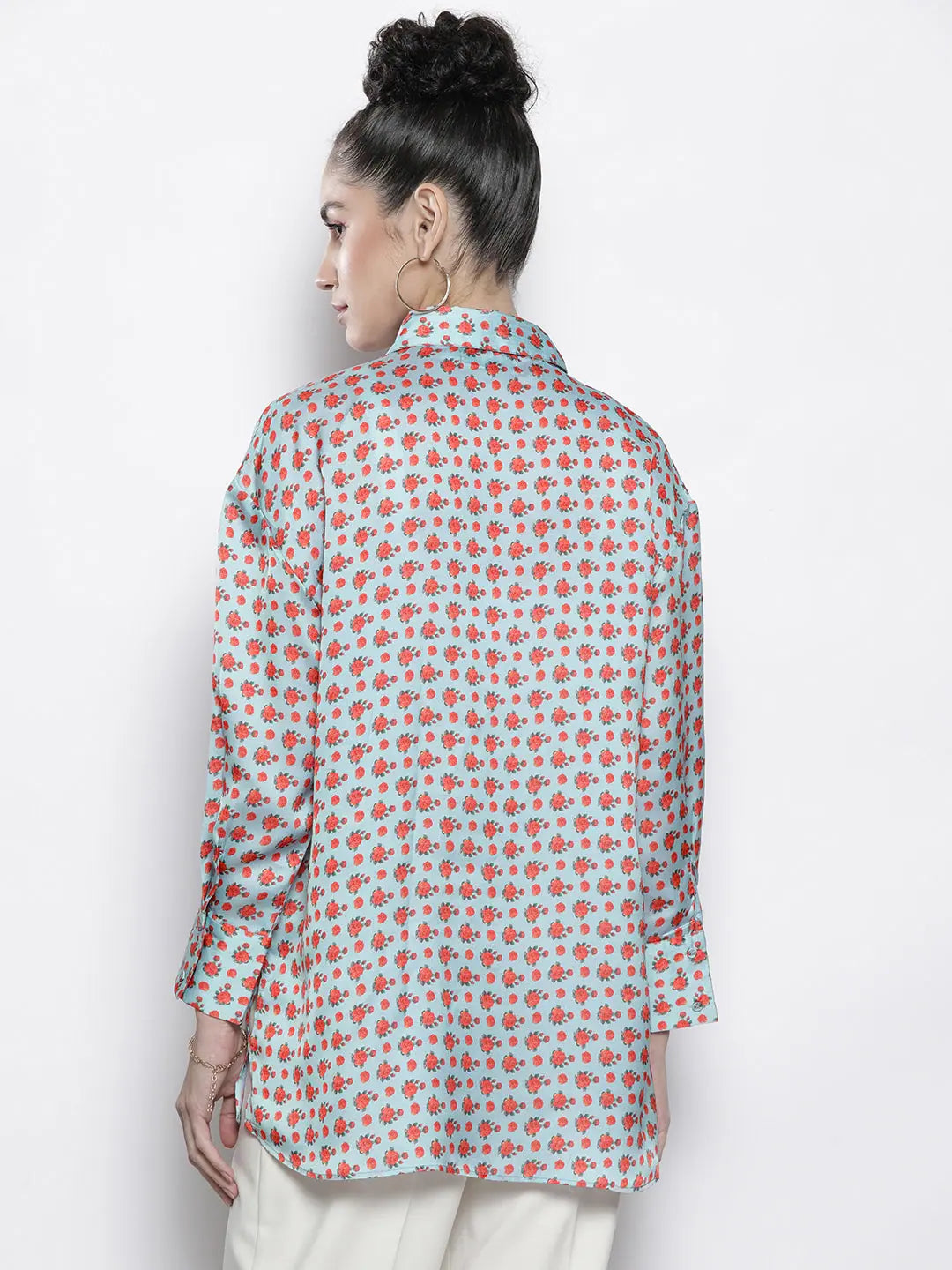 Blue Ditsy Floral Satin Shirt - Women's Lehenga Collection