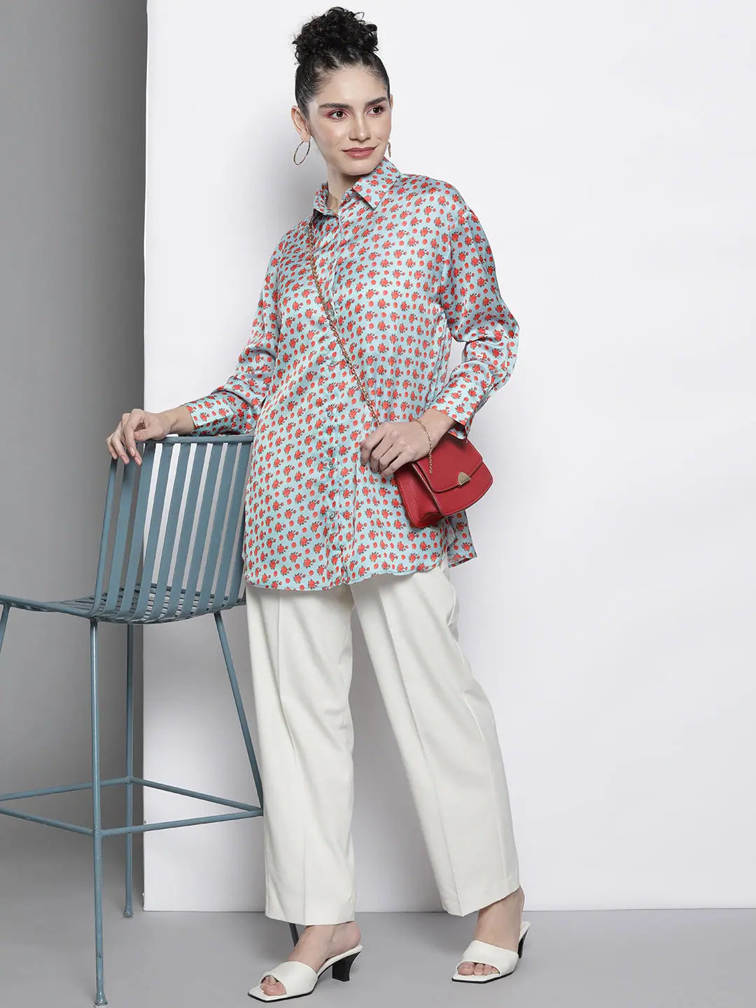 Blue Ditsy Floral Satin Shirt - Women's Lehenga Collection