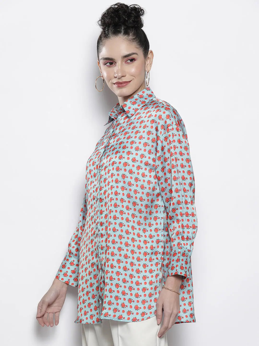 Blue Ditsy Floral Satin Shirt - Women's Lehenga Collection