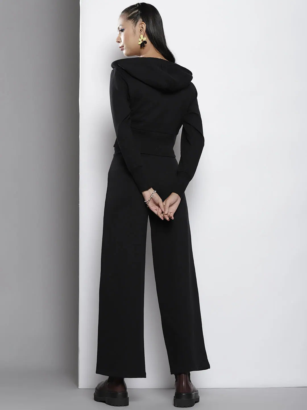 Wholesale Women Black Terry Hooded Jacket with Track Pants