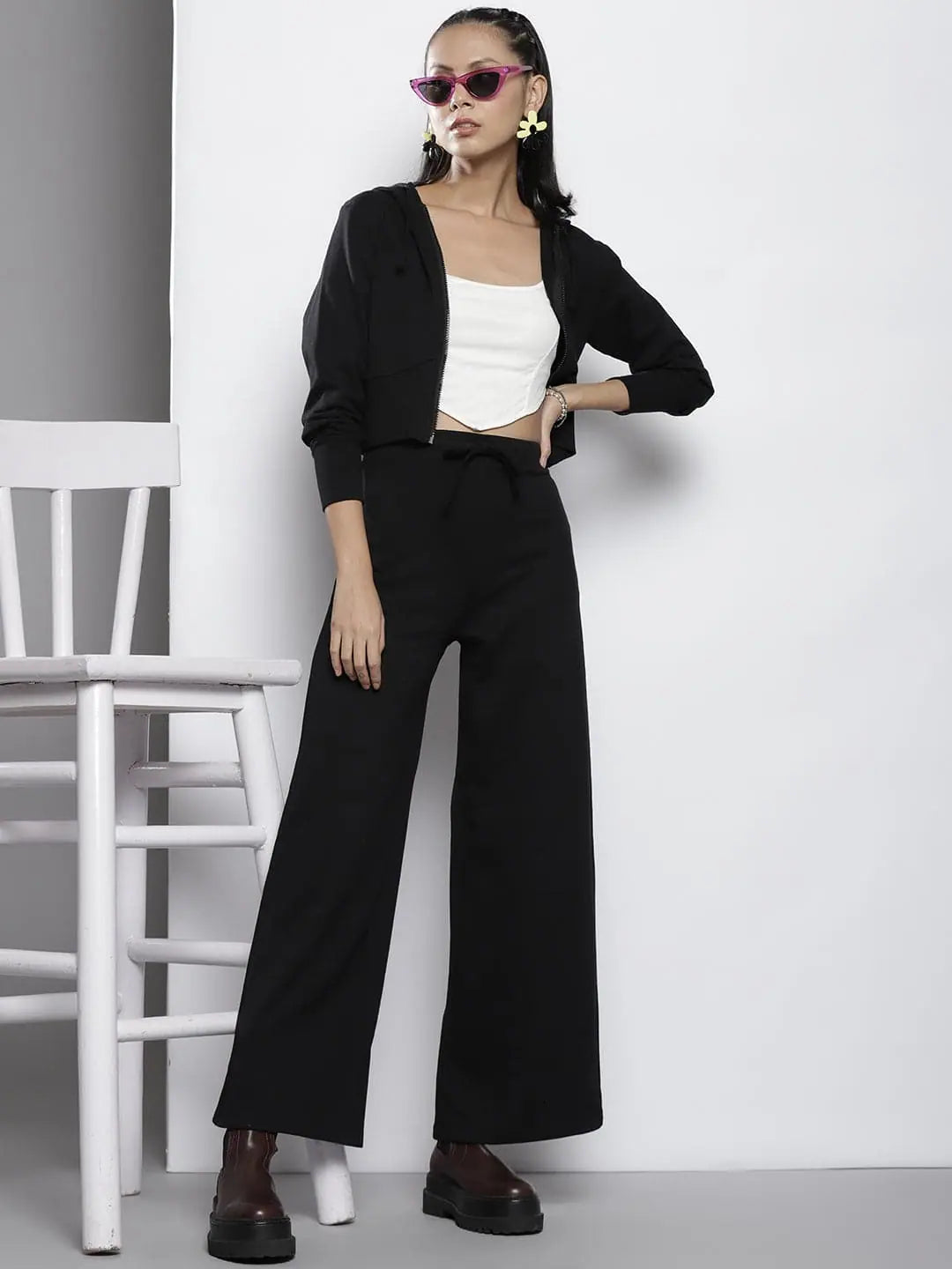 Wholesale Women Black Terry Hooded Jacket with Track Pants