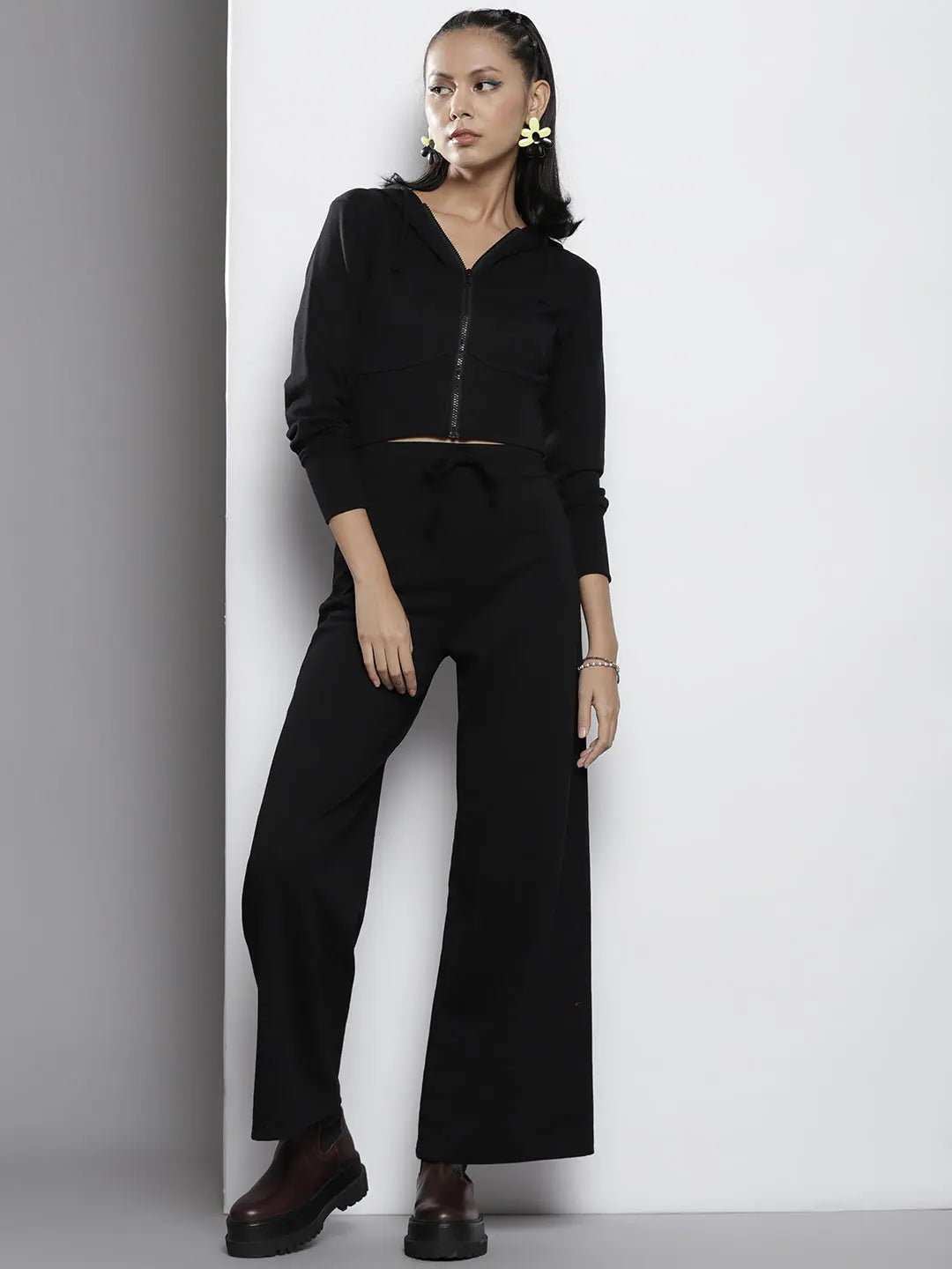 Wholesale Women Black Terry Hooded Jacket with Track Pants