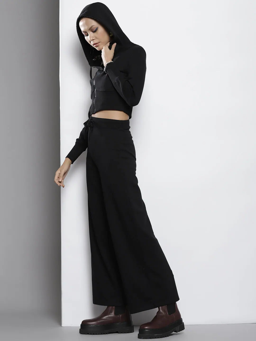 Wholesale Women Black Terry Hooded Jacket with Track Pants