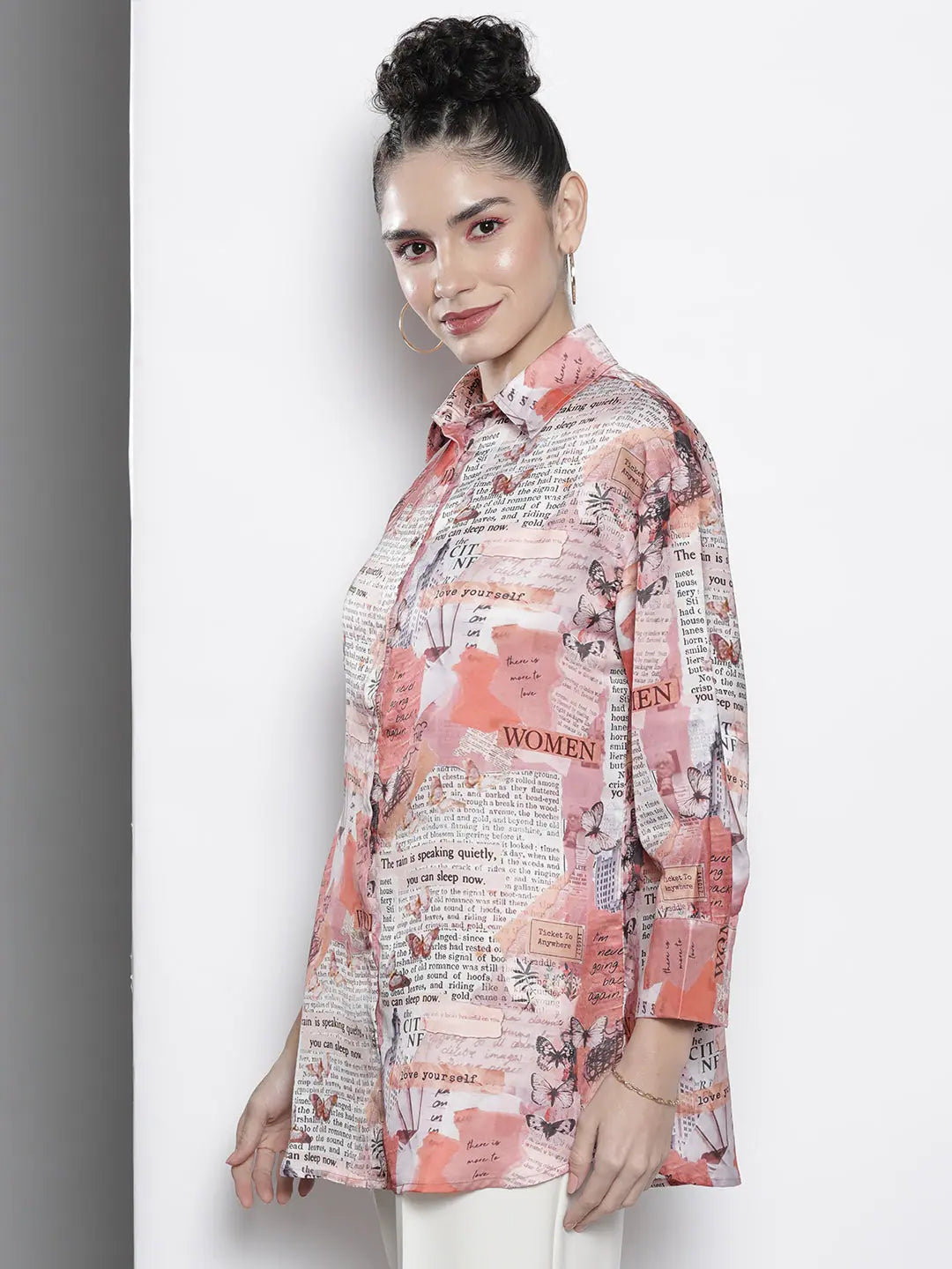 Newspaper Print Satin Shirt - Women's Lehenga & Ethnic Wear