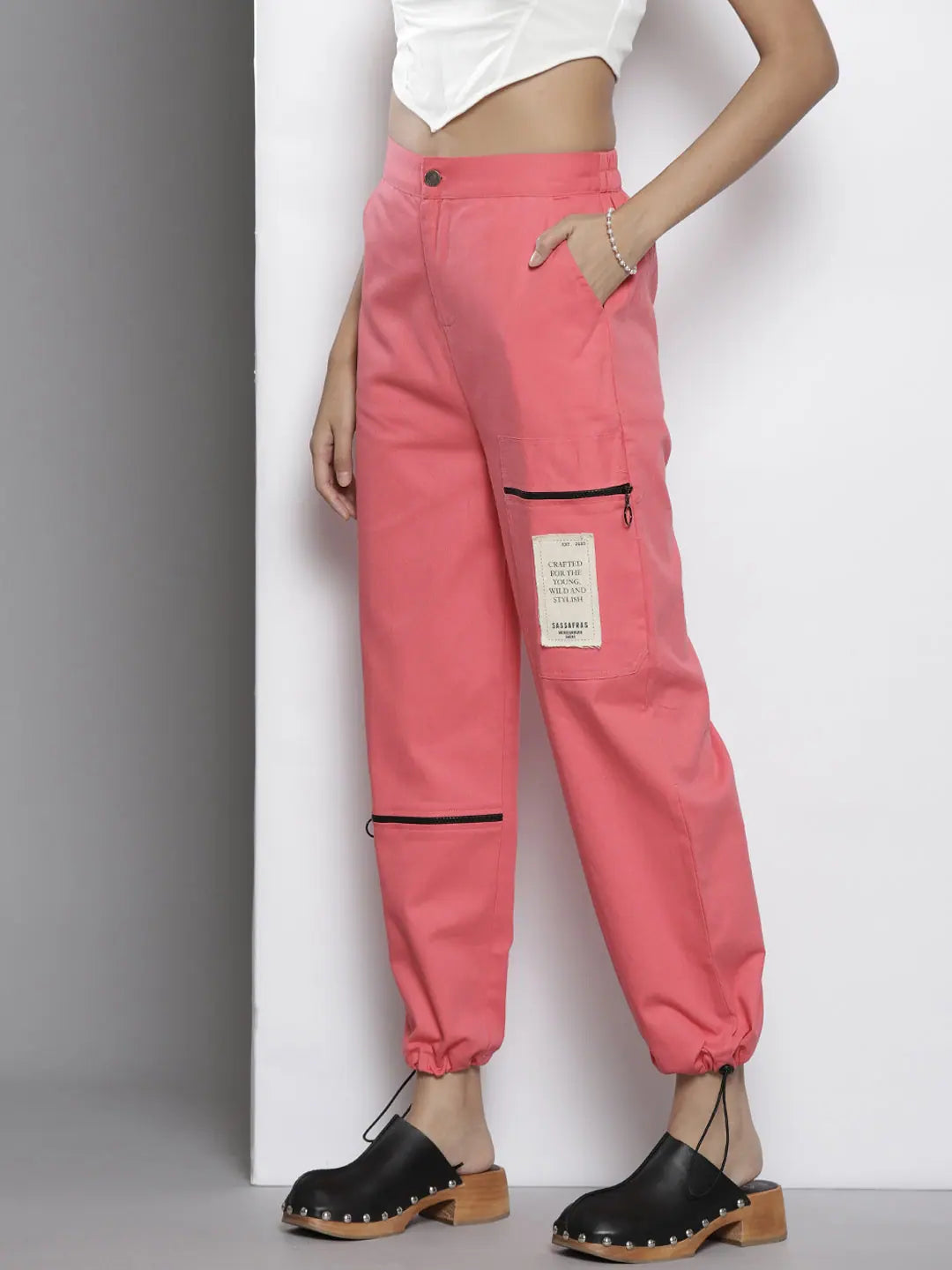 Pink Twill Joggers for Women | Pull Hem Detail
