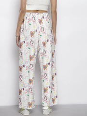 Women White Text Print Straight Pants
