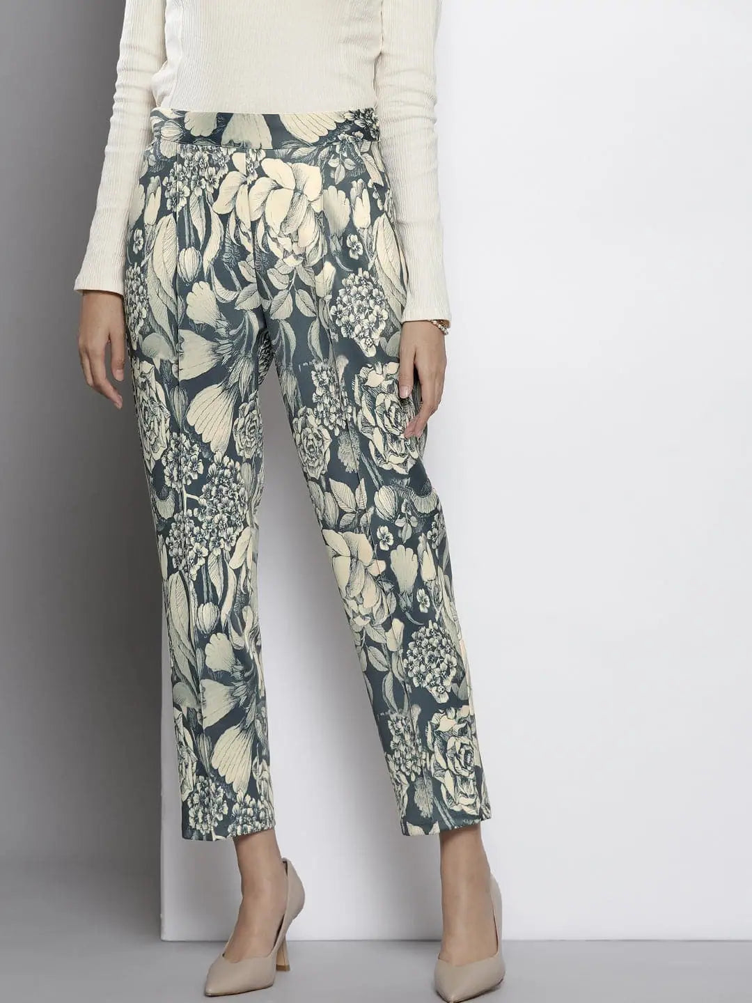 Women Grey Floral Pants | Scuba Straight Comfort Fit