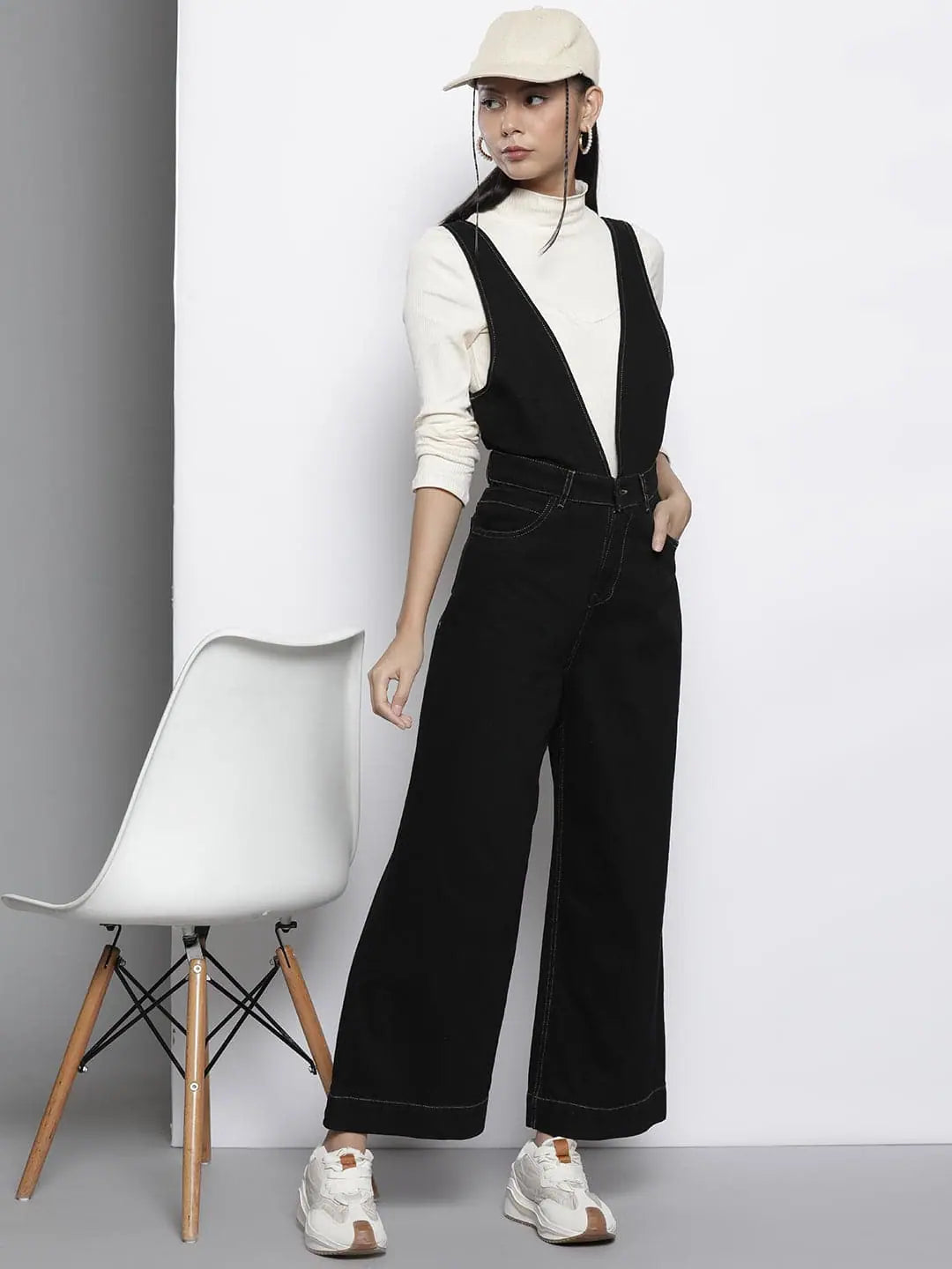 Black Denim Jumpsuit for Women - Deep V Neck & Flared Legs