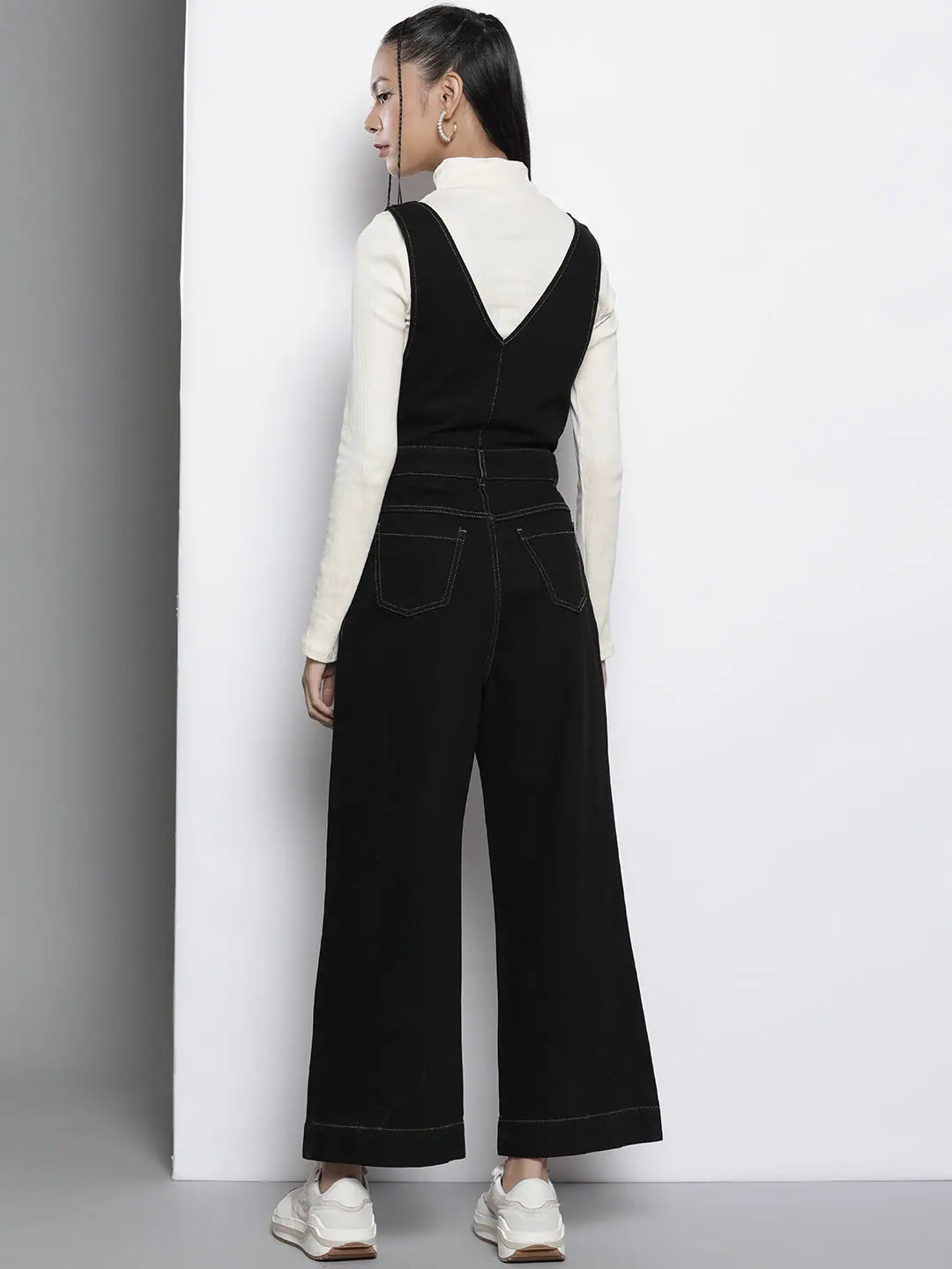 Black Denim Jumpsuit for Women - Deep V Neck & Flared Legs