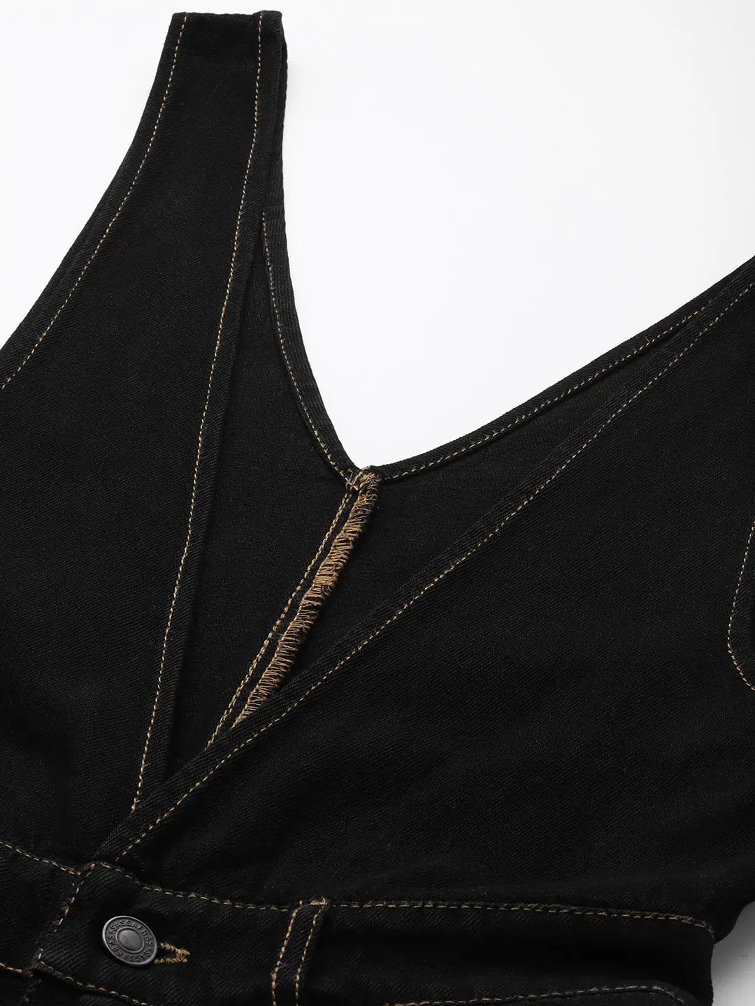 Black Denim Jumpsuit for Women - Deep V Neck & Flared Legs