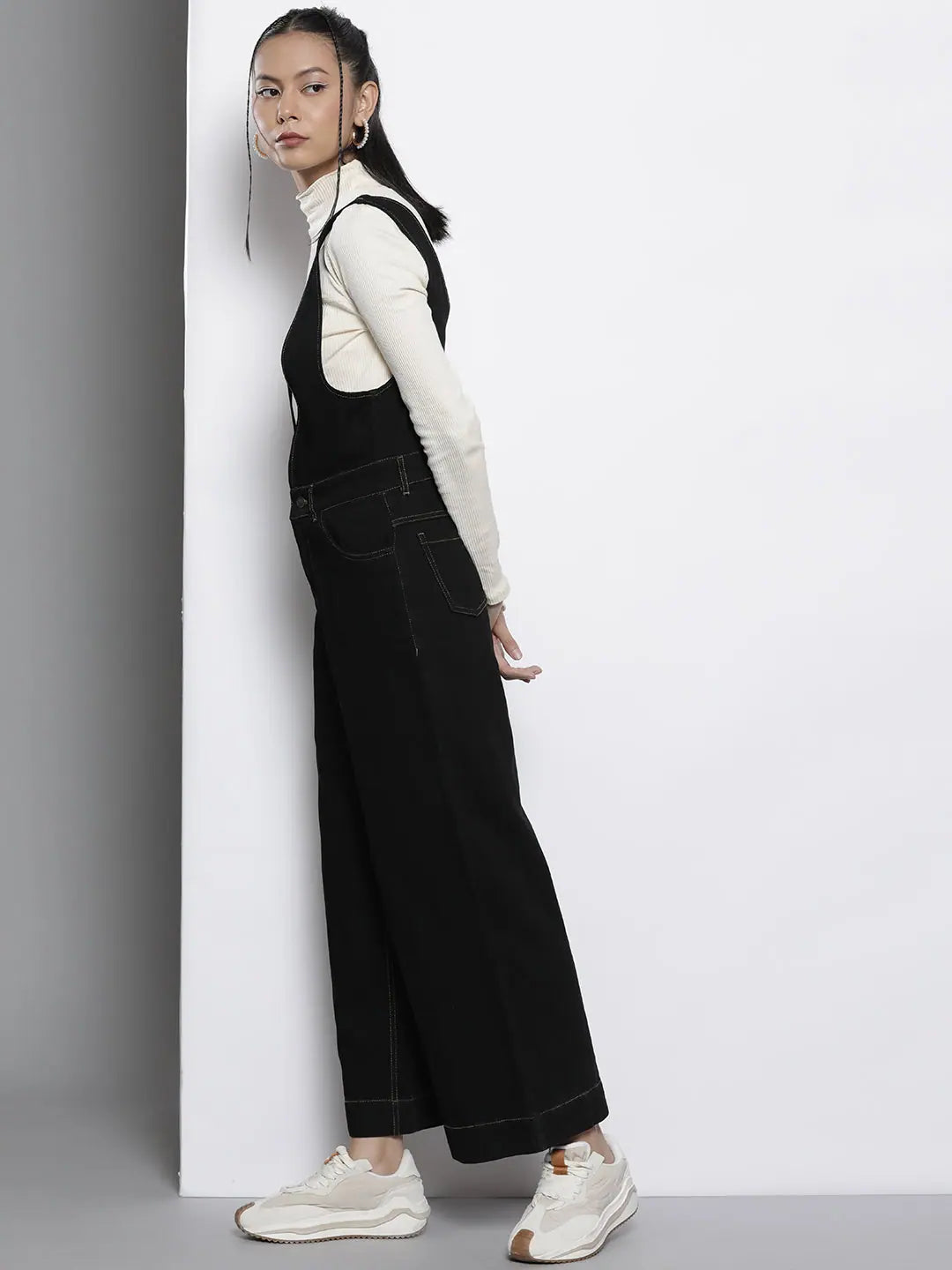 Black Denim Jumpsuit for Women - Deep V Neck & Flared Legs