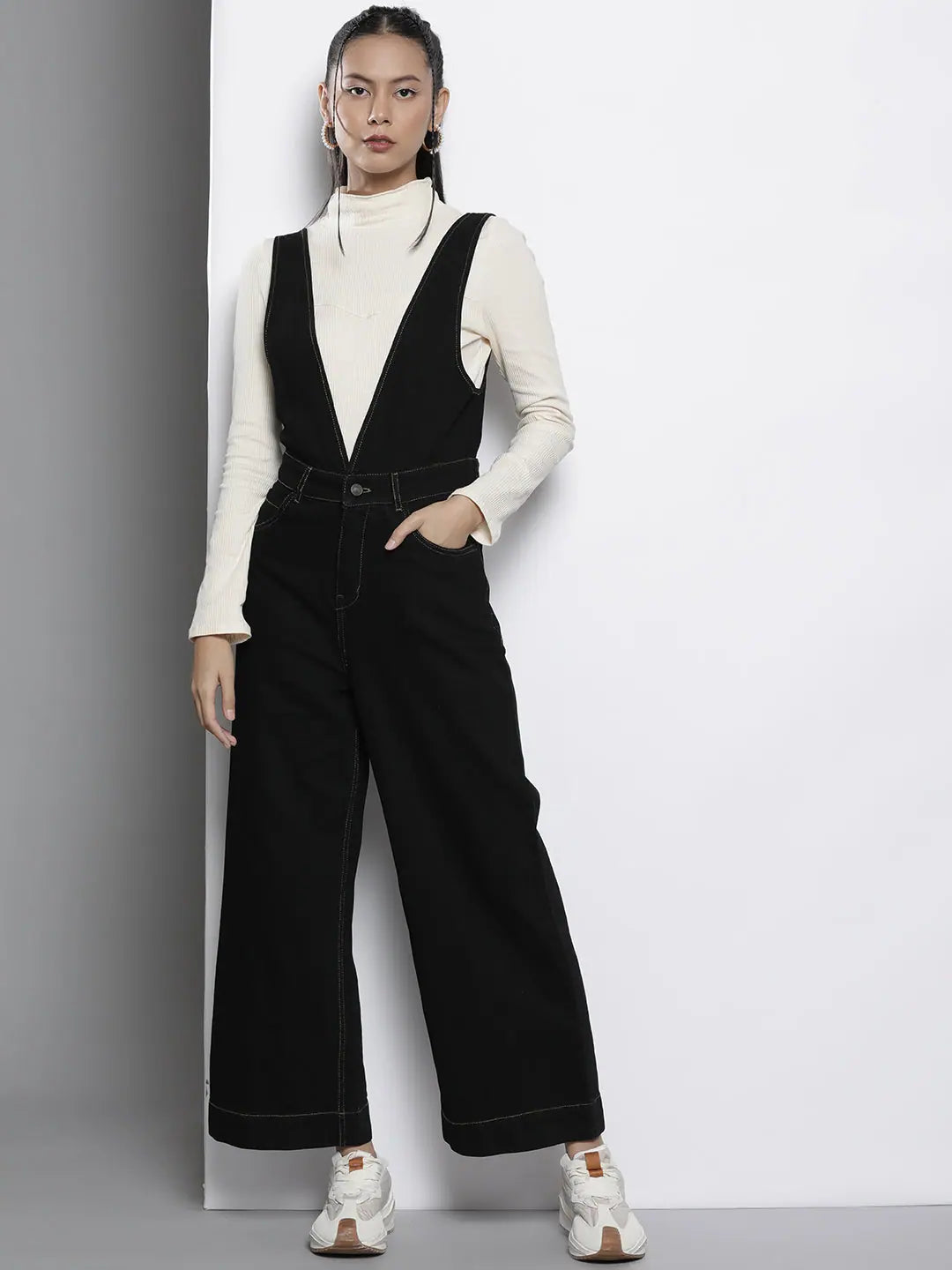 Black Denim Jumpsuit for Women - Deep V Neck & Flared Legs