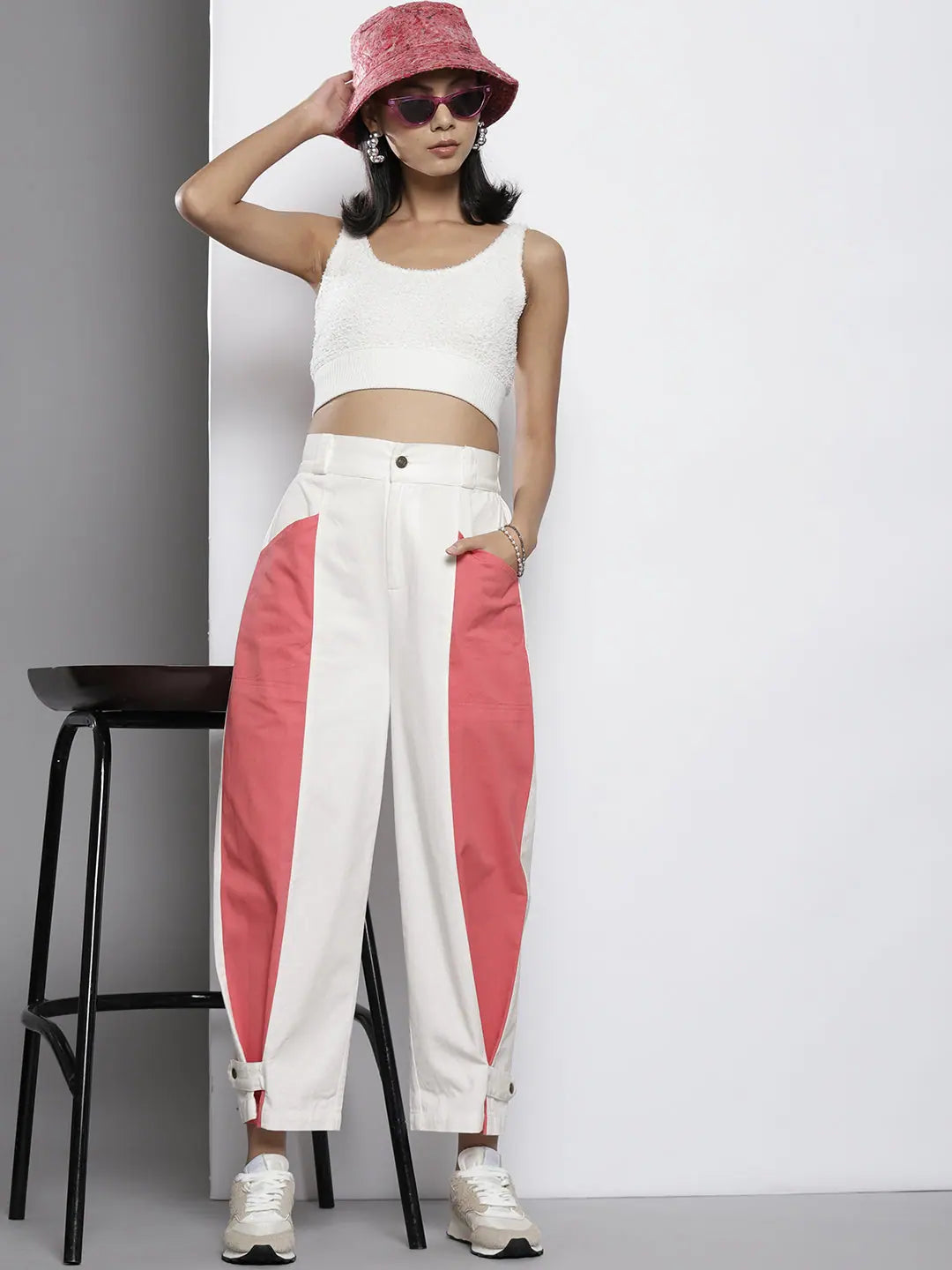Color Block Women's Western Wear Pants - Pink & White Twill