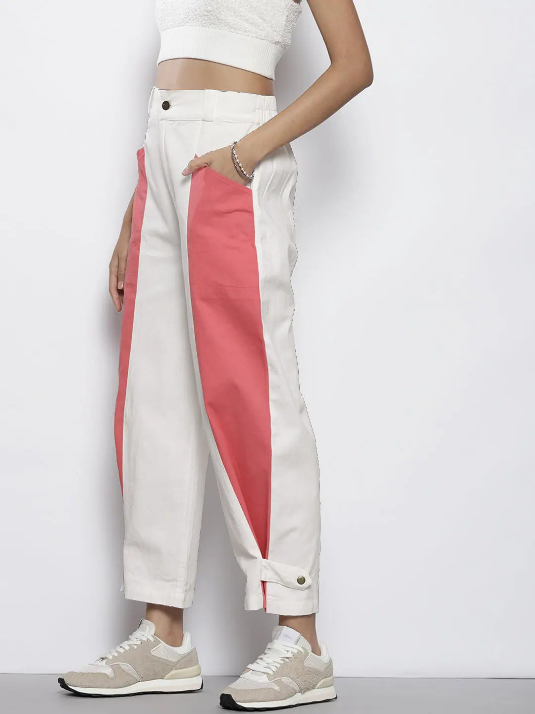 Color Block Women's Western Wear Pants - Pink & White Twill