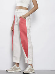 Women White & Pink Twill Color Block Carrot Fit Pants