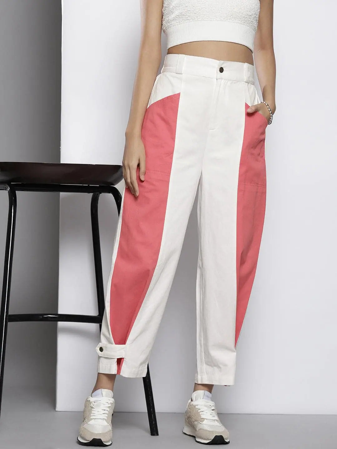 Color Block Women's Western Wear Pants - Pink & White Twill
