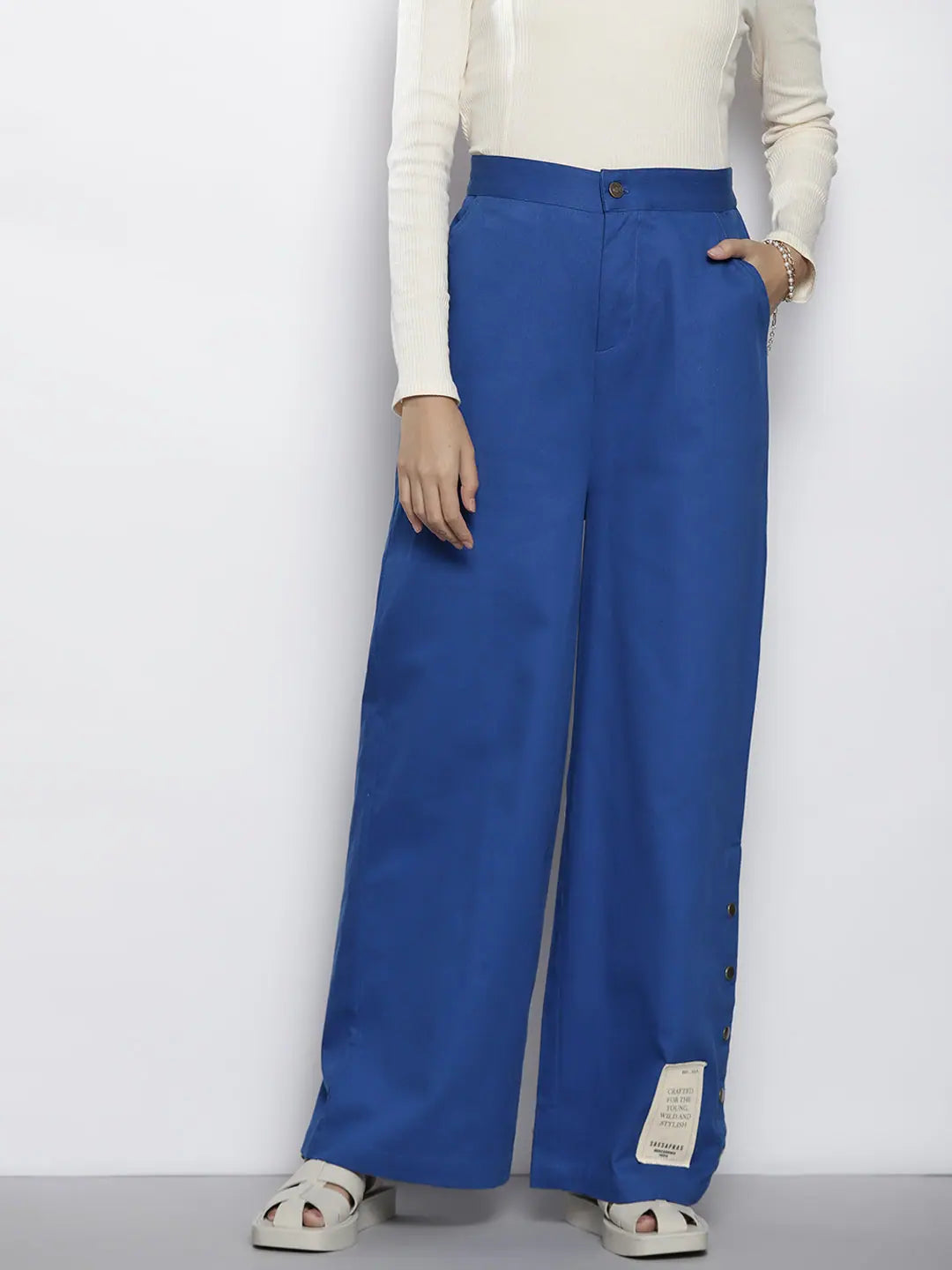 Blue Twill Women's Pants - Side Button Detail & Comfort Fit