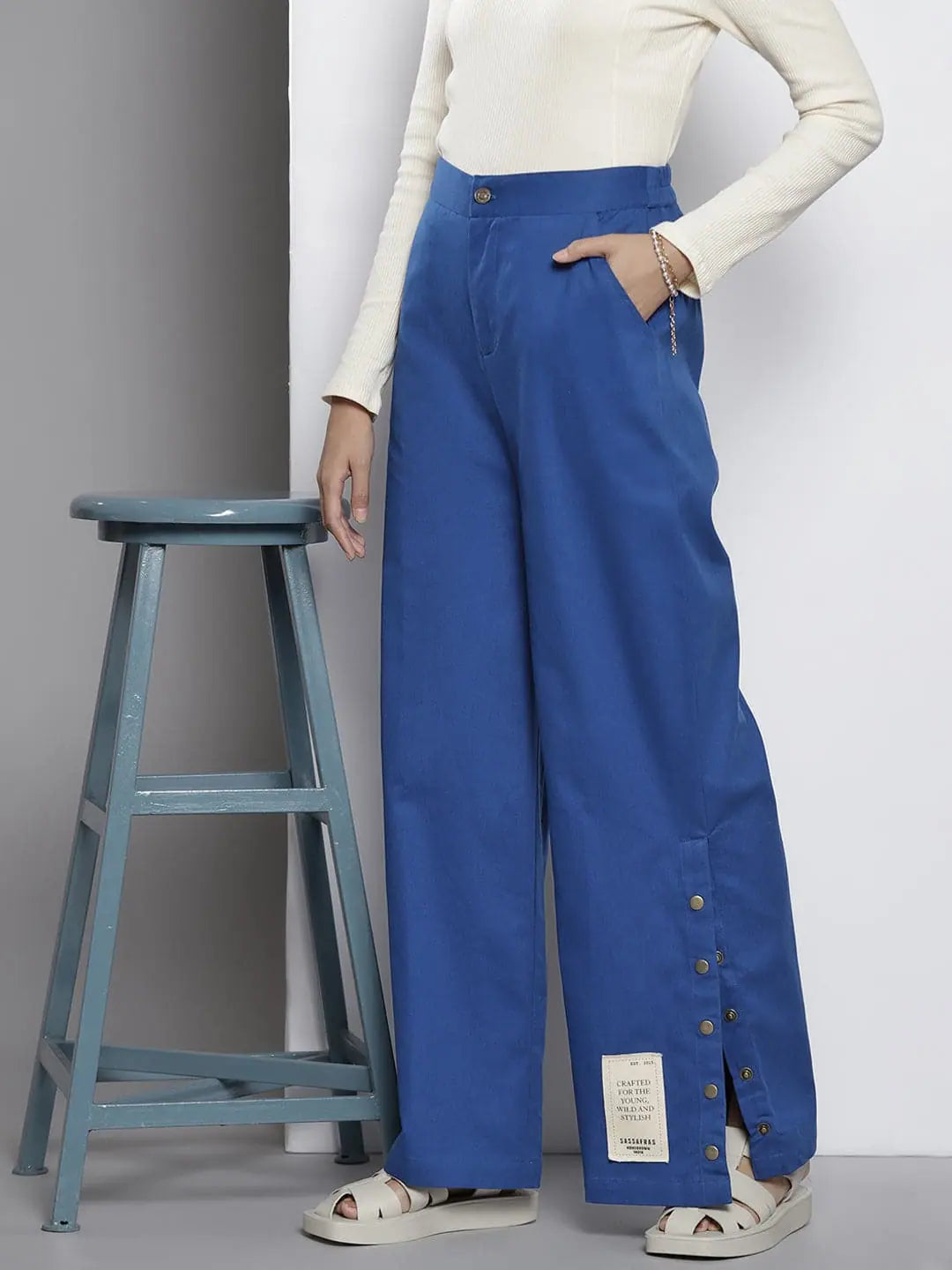 Blue Twill Women's Pants - Side Button Detail & Comfort Fit