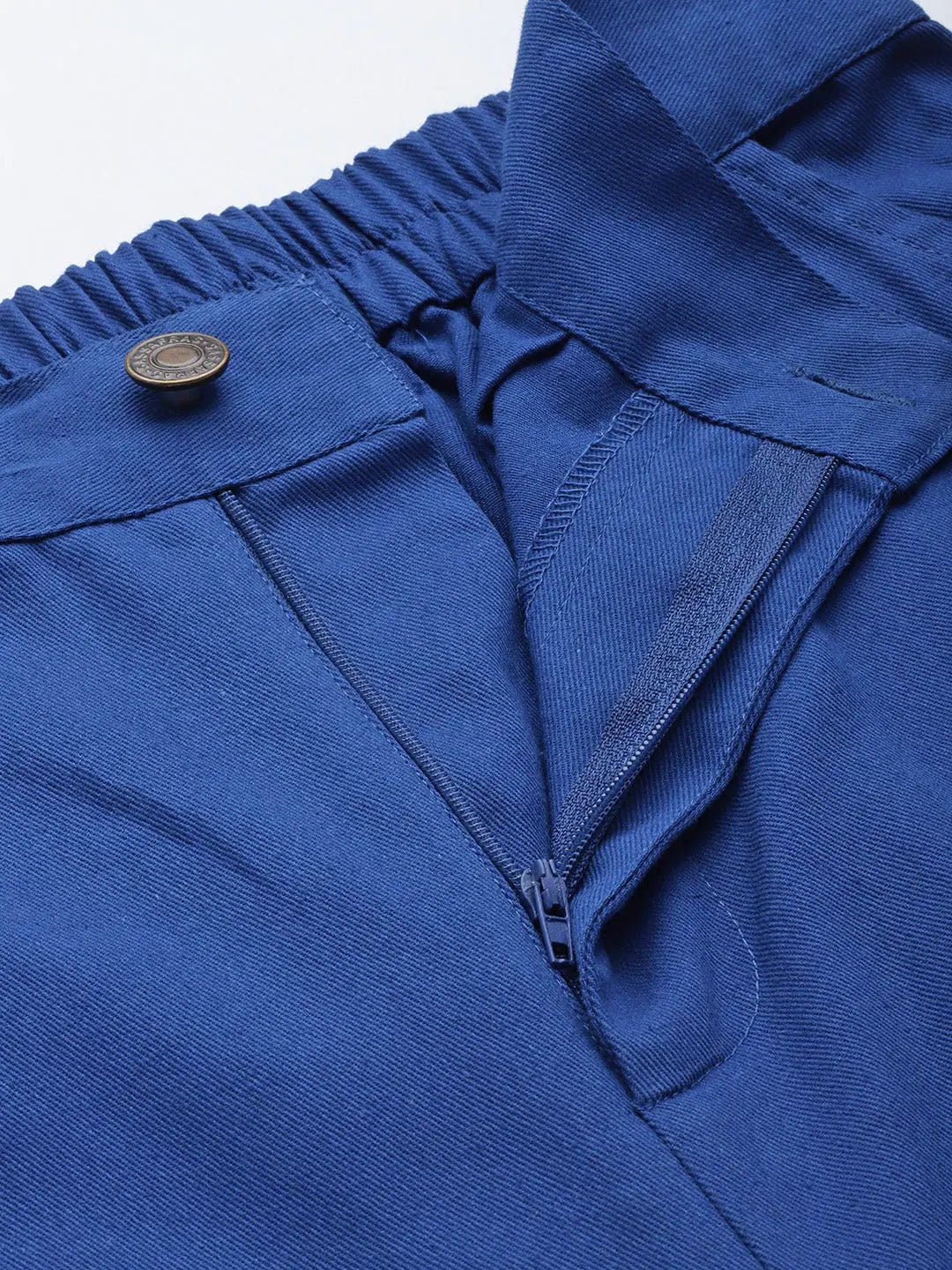 Blue Twill Women's Pants - Side Button Detail & Comfort Fit