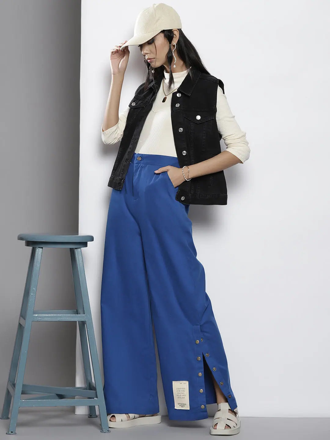 Blue Twill Women's Pants - Side Button Detail & Comfort Fit