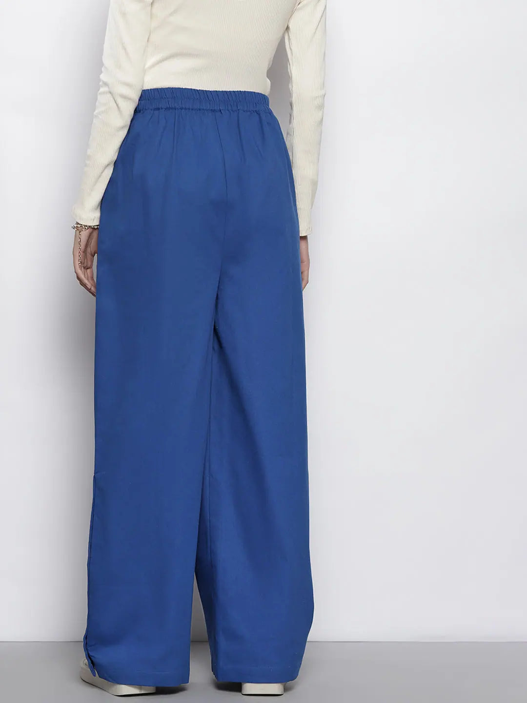 Blue Twill Women's Pants - Side Button Detail & Comfort Fit