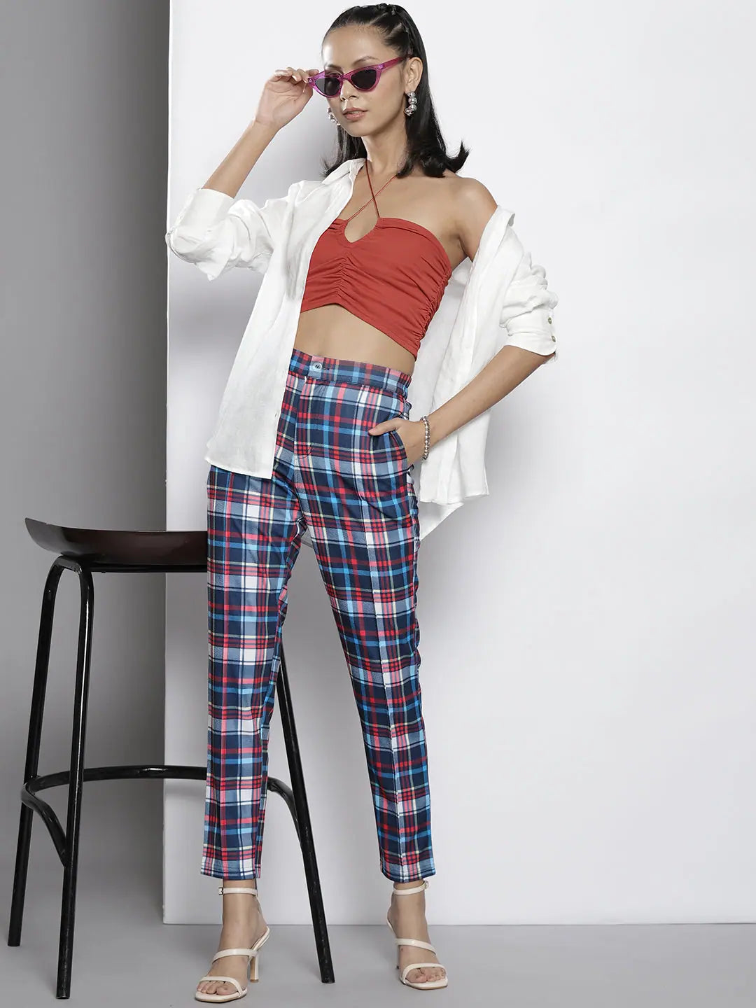 Blue Check Knit Tapered Pants | Western Outfits for Women