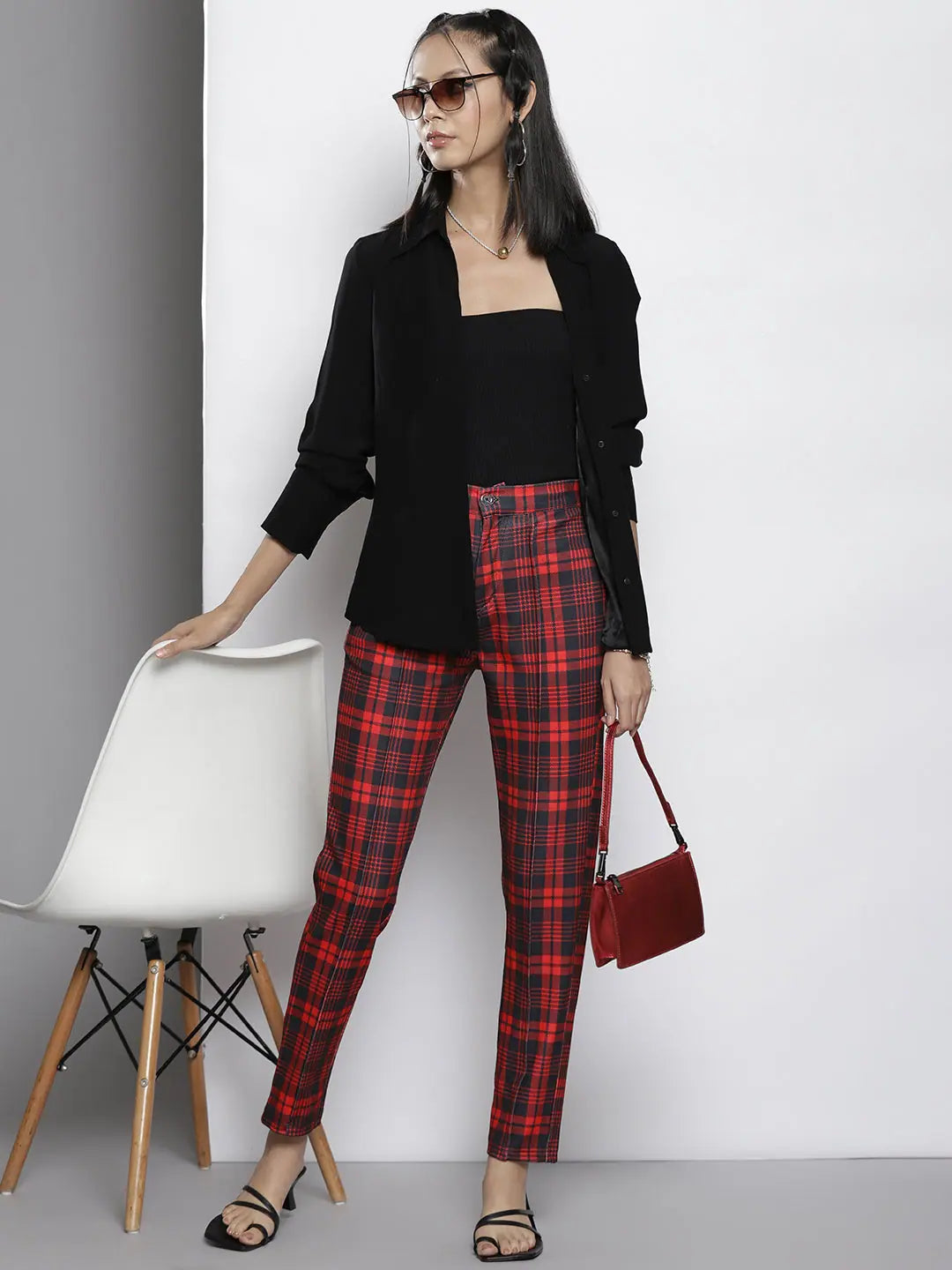 Red Check Knit Tapered Pants | Women's Western Clothing