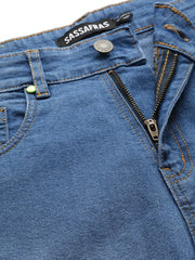 Women Blue Front Zipper Stretch Straight Jeans