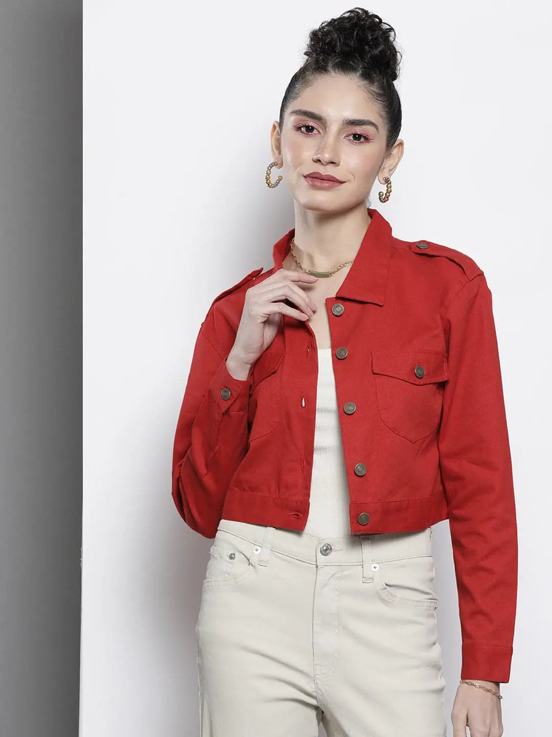 Women Solid Red Full Sleeve Jacket