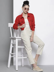 Women Solid Red Full Sleeve Jacket