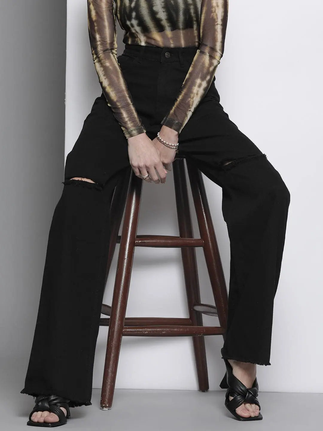 Black Distressed Slit Jeans - Party Wear Lehenga